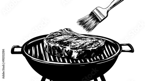 Ribeye steak being basted on a barbecue grill with a brush, food illustration vector