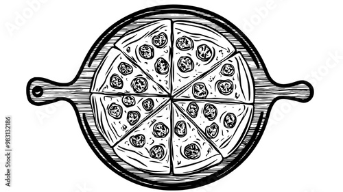 Whole pizza on a wooden board sliced into eight portions, food illustration vector