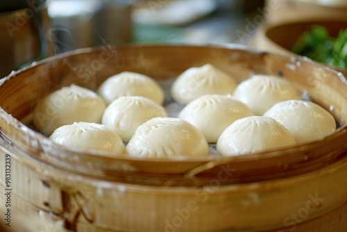 Steaming hot dumplings resting in a bamboo steamer basket after being steamed to perfection