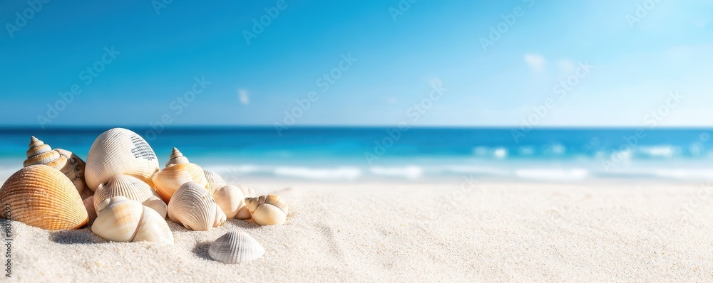 Beautiful seashells scattered on sandy beach with a bright sky and gentle waves in the background, creating a serene summer vibe. Beautiful seashells scattered on sandy beach with a bright sky and gentle waves in the background, creating a serene summer vibe.