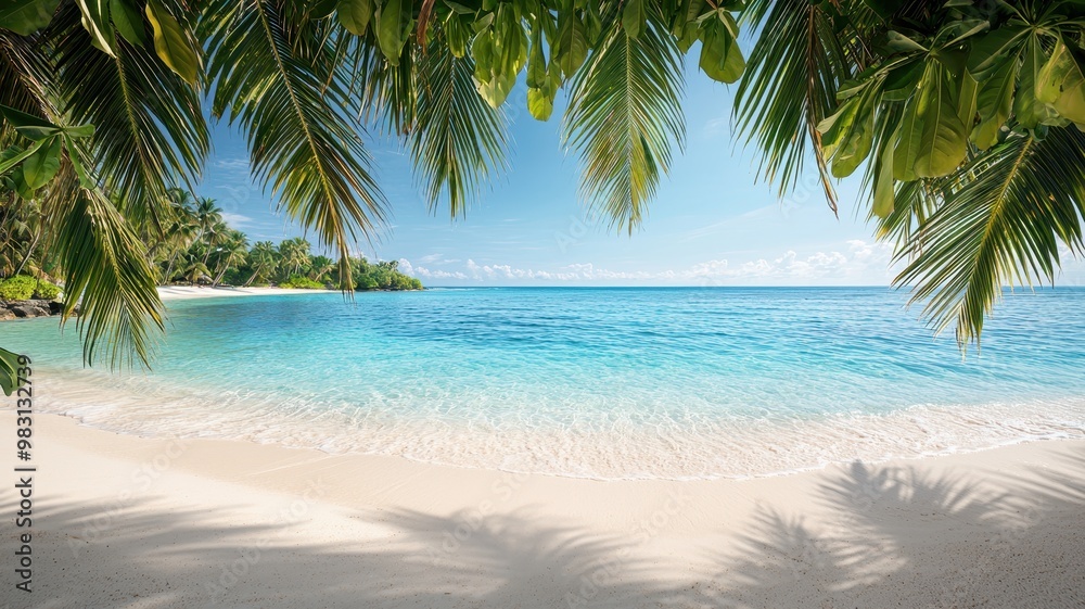 Fototapeta premium Stunning tropical beach with clear blue water and lush palm trees, creating a serene paradise for relaxation and escape.