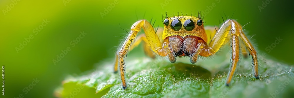 Naklejka premium A tight shot of a yellow jumping spider on a verdant leaf, adorned with dewdrops on its eyes