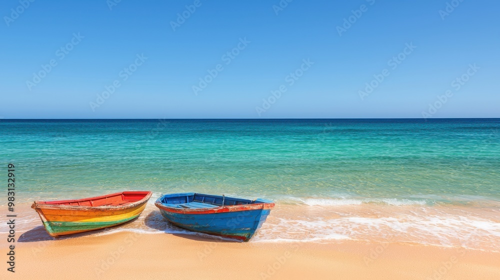 Two vibrant boats resting on a sandy beach with clear turquoise water under a bright blue sky, perfect for vacation imagery. Two vibrant boats resting on a sandy beach with clear turquoise water under a bright blue sky, perfect for vacation imagery.
