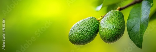  Two unripe avocados dangle from a tree branch, surrounded by green foliage in the foreground Background softly blurred photo