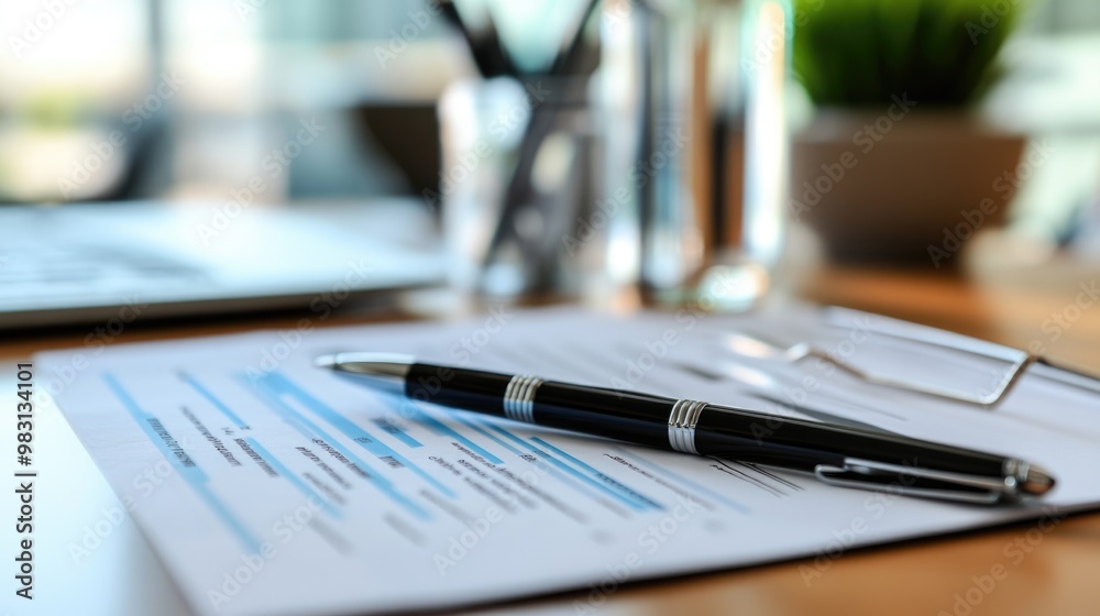 A sleek black pen rests atop neatly organized business documents, bathed in natural light. The workspace features a laptop and greenery, creating an inviting atmosphere for productivity A sleek black pen rests atop neatly organized business documents, bathed in natural light. The workspace features a laptop and greenery, creating an inviting atmosphere for productivity