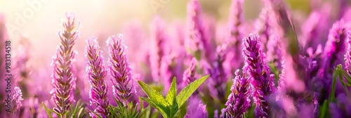  A field filled with purple flowers, a green leaf emerging in their midst, beneath a sunlit sky photo