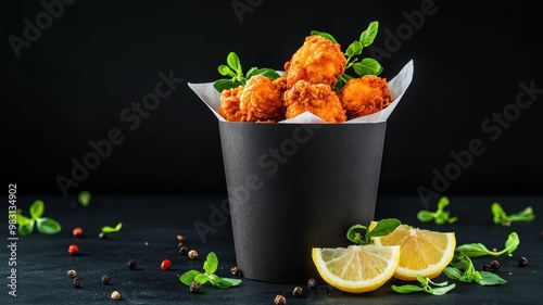 A delicious assortment of crispy fried chicken in a stylish container, garnished with fresh herbs and lemon slices. photo