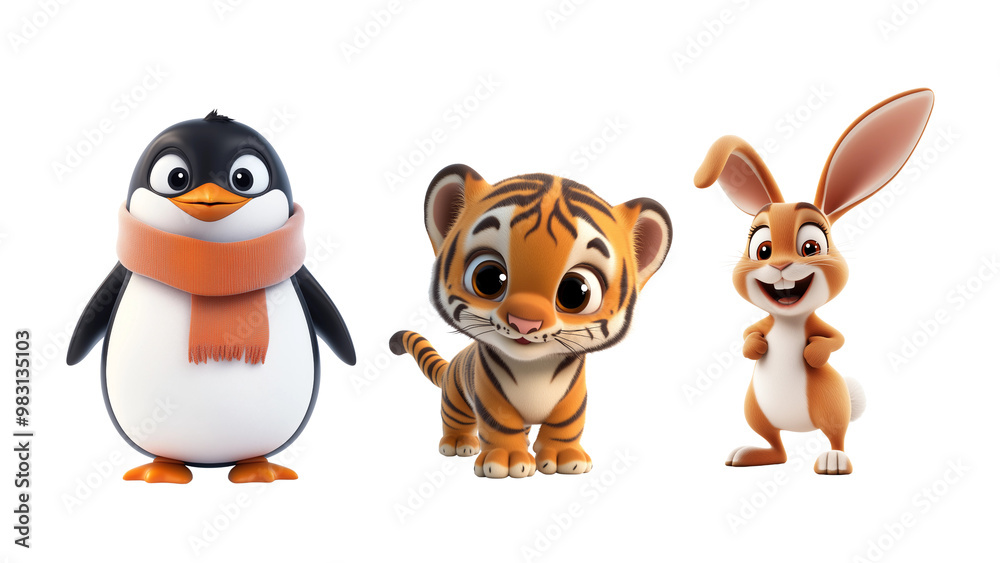 Three cute cartoon animals—a penguin, a tiger, and a rabbit—isolated on a white background, perfect for children's themes and animation Three cute cartoon animals—a penguin, a tiger, and a rabbit—isolated on a white background, perfect for children's themes and animation