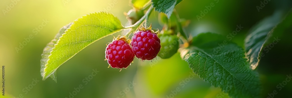 Two raspberries dangle from a leafy branch against a backdrop of brilliant lighting Two raspberries dangle from a leafy branch against a backdrop of brilliant lighting