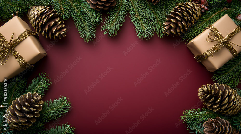 Festive Christmas background with gifts and pinecones for joyful holiday messages Festive Christmas background with gifts and pinecones for joyful holiday messages