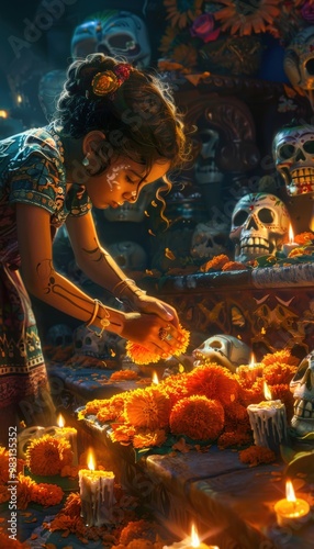 Tender Moment of Placing Marigold Flowers on Family Altar for Día de los Muertos Celebration