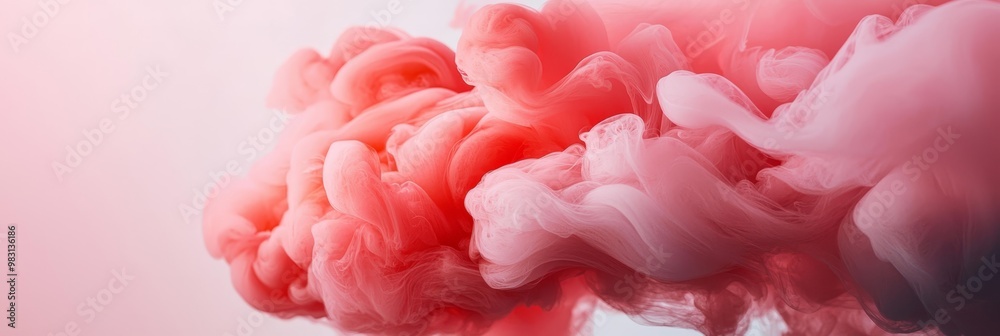 A group of red and pink ink droplets float in light pink water against a white background A group of red and pink ink droplets float in light pink water against a white background