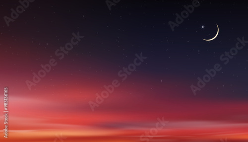 Sky Night,Ramadan Kareem Background with Crescent moon,Star with Sunset Sky,Vector Greeting festive for symbolic of Muslim culture,Eid Mubarak,Eid al adha,Eid al fitr,Islamic new year,Muharram