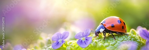  A ladybug atop a green plant with purple flowers in front, and a pink bloom behind photo