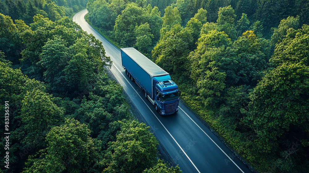 A blue semi-truck drives down a winding road through a lush green forest.