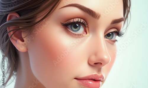 A stunning close up of a young woman s face, showcasing flawless skin and captivating eyes, perfect for beauty, skincare, and fashion marketing.