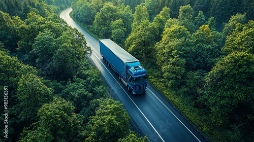 Obraz na płótnie A blue semi-truck drives down a winding road through a lush green forest. w salonie