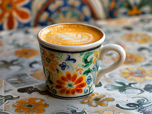 Cappuccino in a floral ceramic cup on a decorated background photo