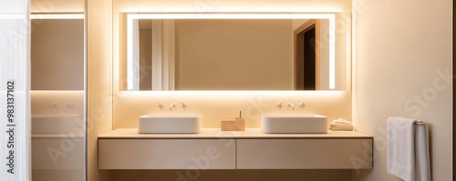 Beige minimalist bathroom with large mirrors and soft ambient lighting, minimalist bathroom, modern relaxation