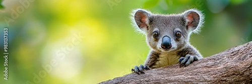  A koala, focused on the camera, sits on a tree branch against a softly blurred backdrop of trees