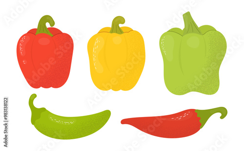 Set of bell and hot chili peppers. Peppers of different colors isolated on a white background. Red, green, yellow sweet paprika. Vector illustration, flat style.