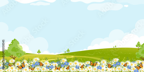 Spring Landscape Green fields,Mountain,Blue Sky and Clouds Background,Horizon peaceful rural nature Sunny day Summer with grass land.Cartoon Vector illustration for Spring and Summer banner,Easter
