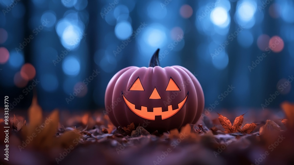 Fototapeta premium A jack-o-lantern pumpkin rests in the heart of an autumnal field Surrounding it are fallen leaves, while trees with colorful foliage loom in