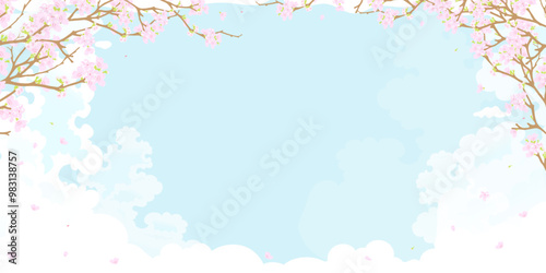 Spring Landscape with pink cherry blossom on branches,Blue Sky,Cloud Background,Horizon peaceful rural nature Summer Sky  with flower blooming.Cartoon Vector for Easter Shopping banner