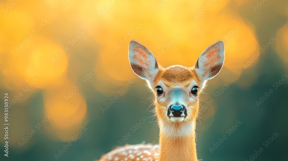 A tight shot of a small deer's expression, surrounded by a hazy forest backdrop of trees A tight shot of a small deer's expression, surrounded by a hazy forest backdrop of trees