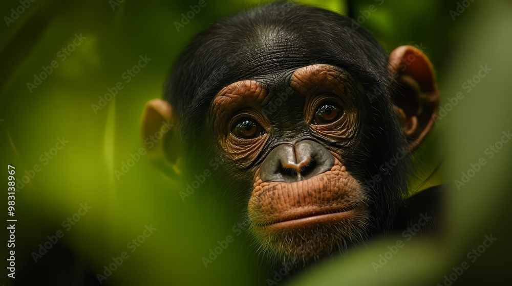 A monkey's face, close-up, emerges from a leafy, bushy area A monkey's face, close-up, emerges from a leafy, bushy area