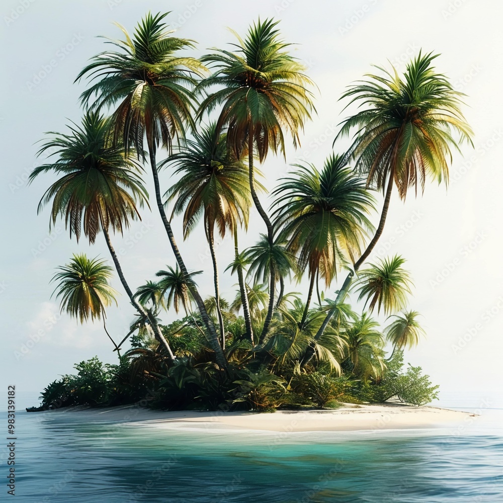 Fototapeta premium a small lost island with palm trees on a white background