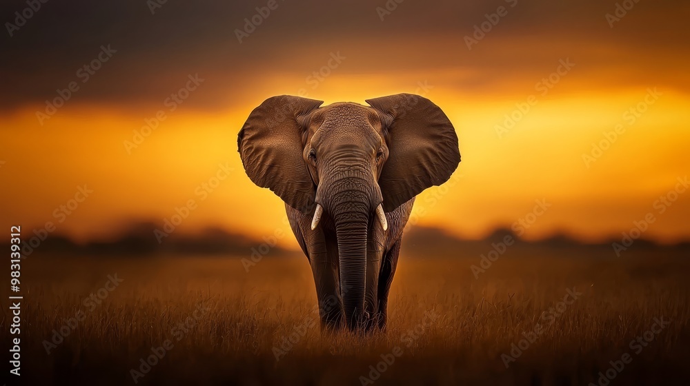 Naklejka premium An elephant stands in a field as the sun sets, casting a warm glow; clouds paint the sky above