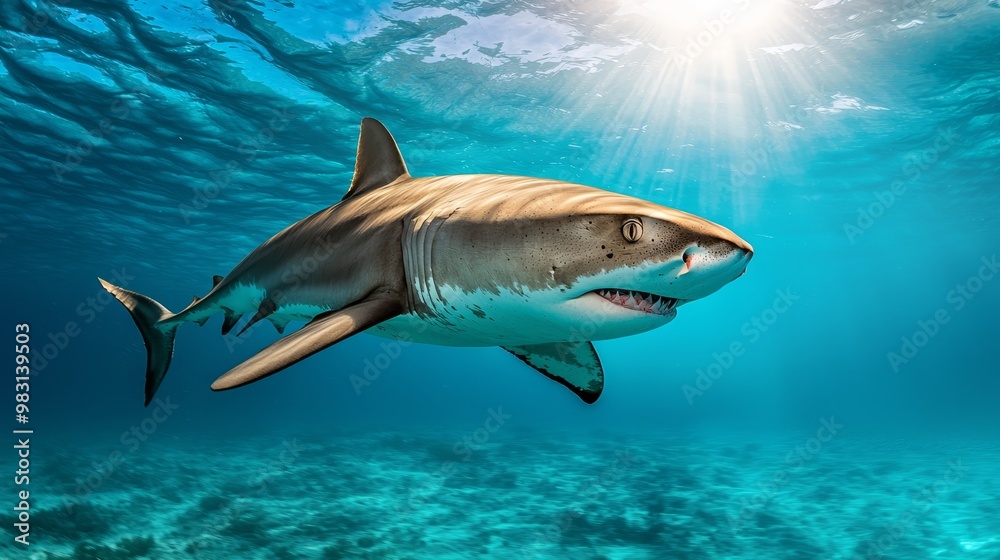 Obraz premium A great white shark swims beneath the sunlit water surface