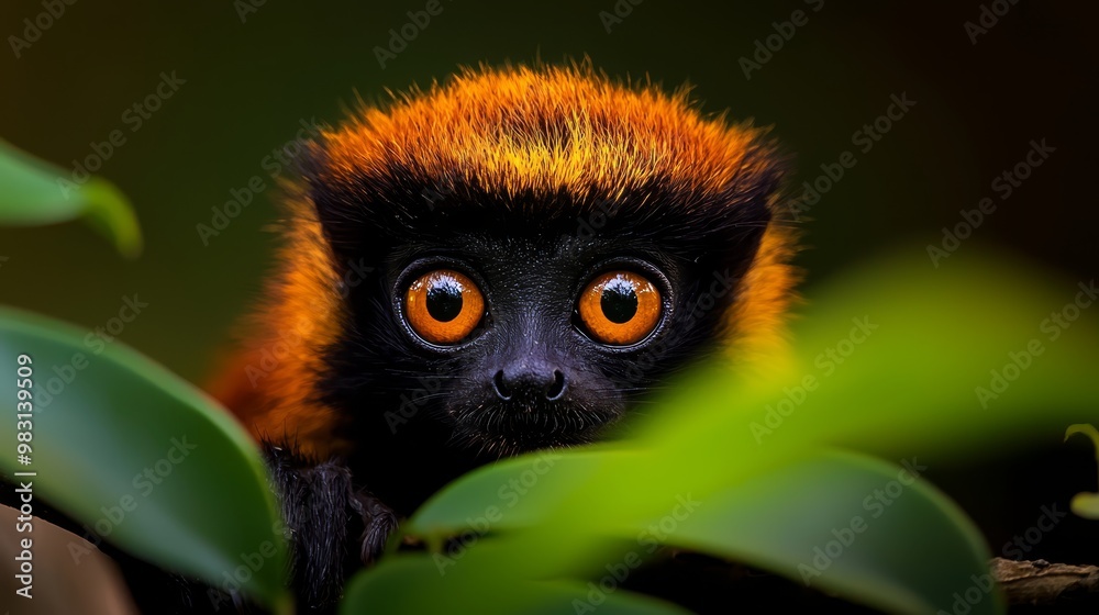 A tight shot of a small animal with an orange-and-black-striped head and a green leaf in its foreground A tight shot of a small animal with an orange-and-black-striped head and a green leaf in its foreground