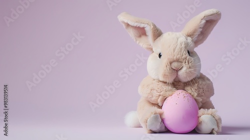 A cute bunny plush toy holding an Easter egg on a pale purple background