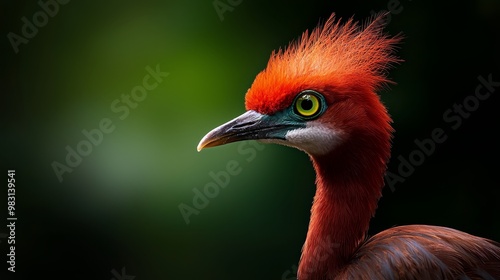  A tight shot of a bird with a vibrant red beak and orange crown feathers against a verdant backdrop photo