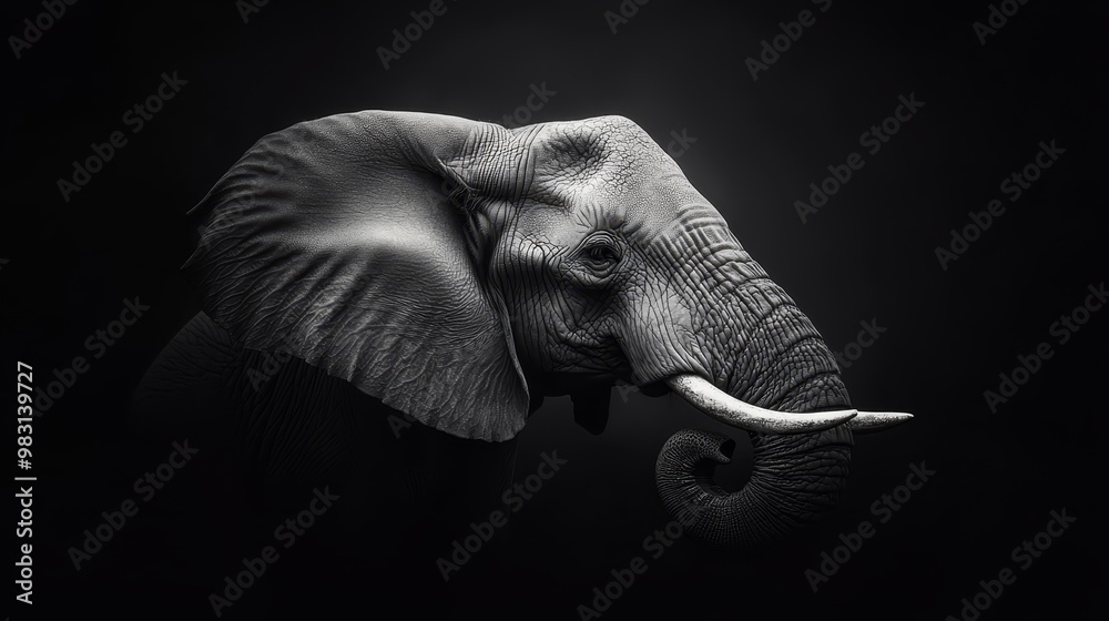 Naklejka premium A black-and-white image of an elephant with two prominent tusks curving down from its upper jaw