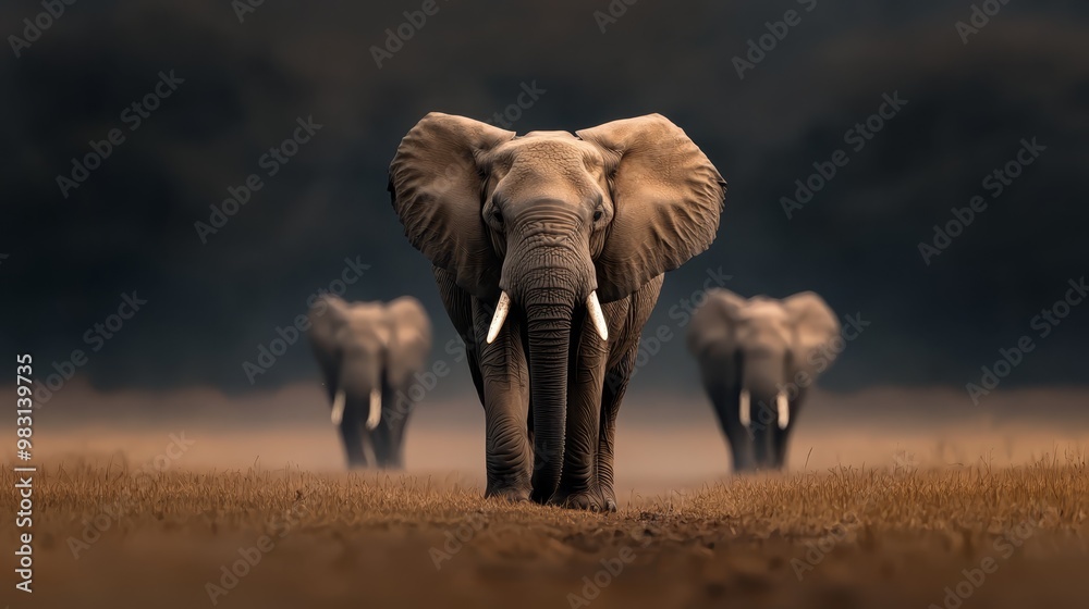 Obraz premium A herd of elephants traverses a dry grassland, contrasting the expansive scene before a dark, foggy sky filled with clouds