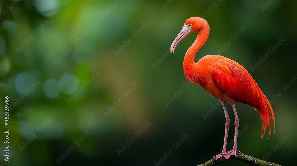 Fototapeta premium A flamingo perched on a tree branch, legs extended, long beak pointed upwards