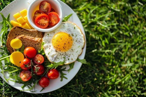 Plate with healthy breakfast served on green grass background during sunny summer day