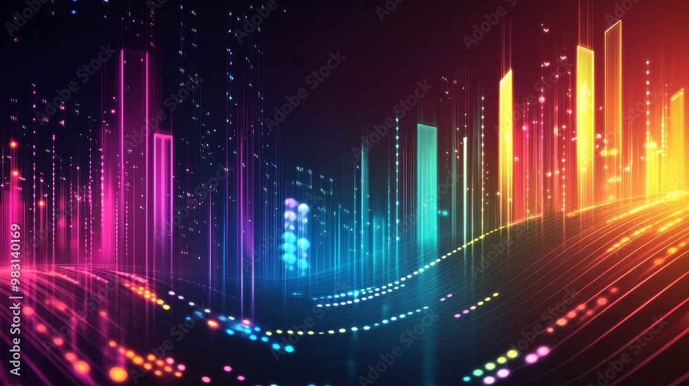 Colorful soundwave abstract design with vibrant bars and glowing lights in a futuristic setting