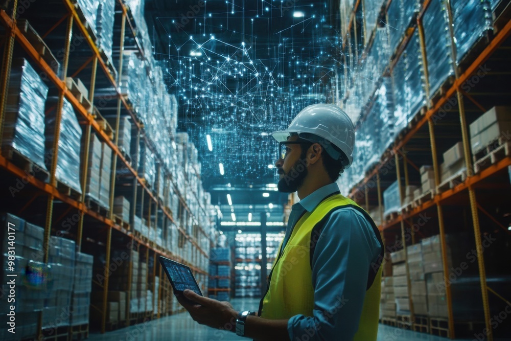 Engineer using digital tablet in high-tech warehouse Engineer using digital tablet in high-tech warehouse