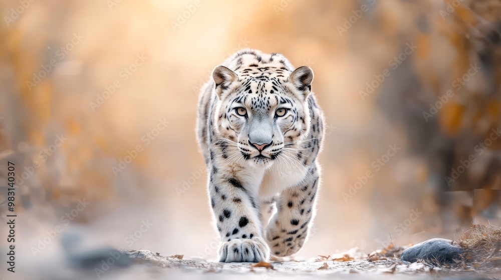 Fototapeta premium A tight shot of a snow leopard striding on dirt, hazy background consists of distant elements