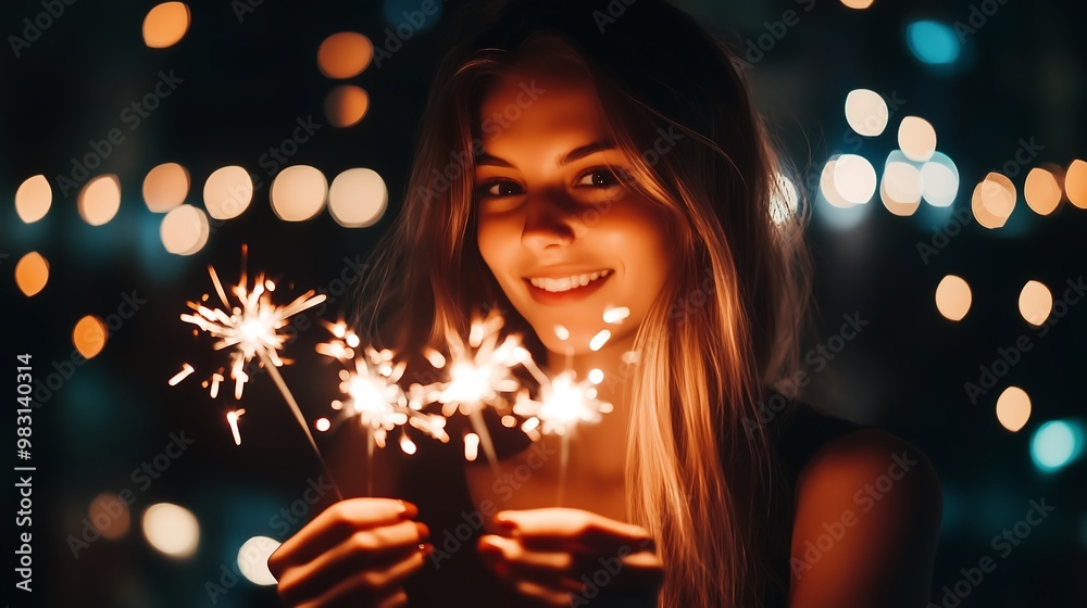 Smiling Woman Holding Sparklers During Festive Night Celebration Smiling Woman Holding Sparklers During Festive Night Celebration