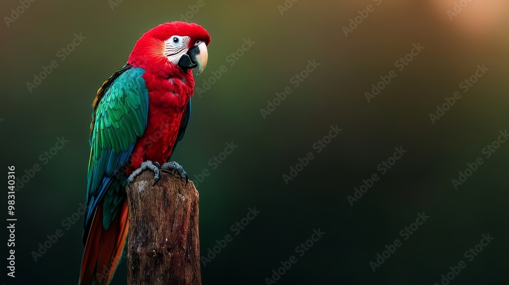 Fototapeta premium A red and green parrot sits atop a weathered wooden post against a backdrop of lush green and brown foliage Background mildly blurred