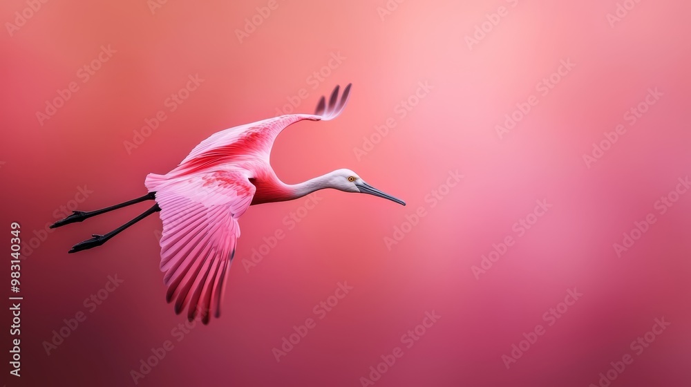 Obraz premium A pink bird flies in the air with its wings spread out