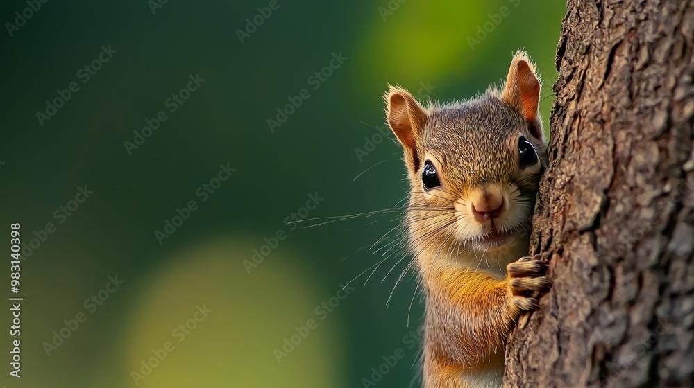  A tight shot of a squirrel atop a tree, its inquisitive face emerging from behind the tree trunk