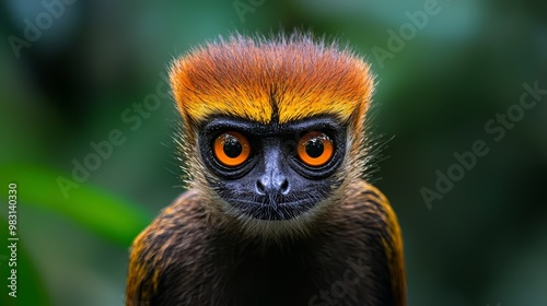  A tight shot of a monkey's face with an orange and black headband