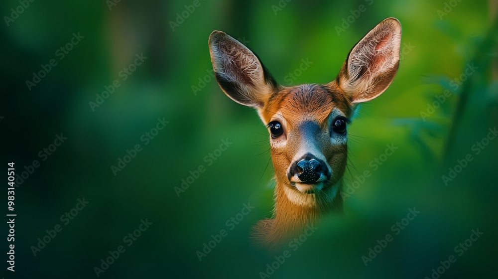 A tight shot of a deer's head, surrounded by a hazy backdrop of grass and trees A tight shot of a deer's head, surrounded by a hazy backdrop of grass and trees