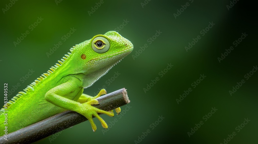  A tight shot of a green lizard perched on a branch against a softly blurred background